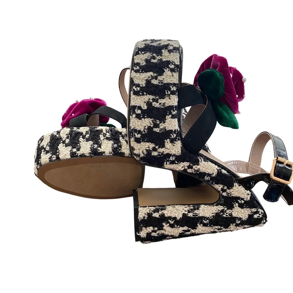 Betsey Johnson NEW Black & White Houndstooth Rosette Platform‎ Chunky Heels Sz 8